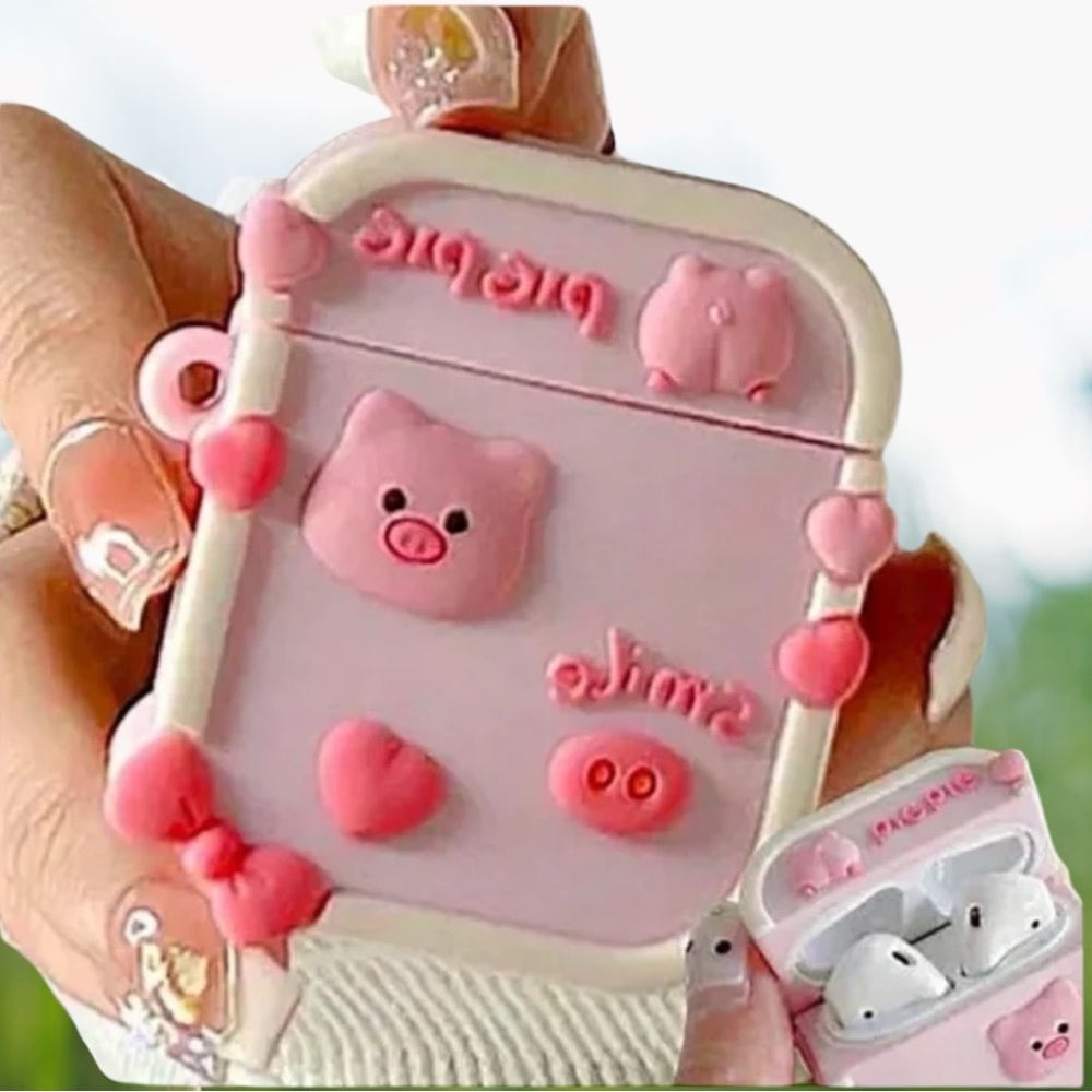 Pink Love Heart Pig cute Soft‎ Silicone Earphone Case for 1 or 2 Gen AirPods